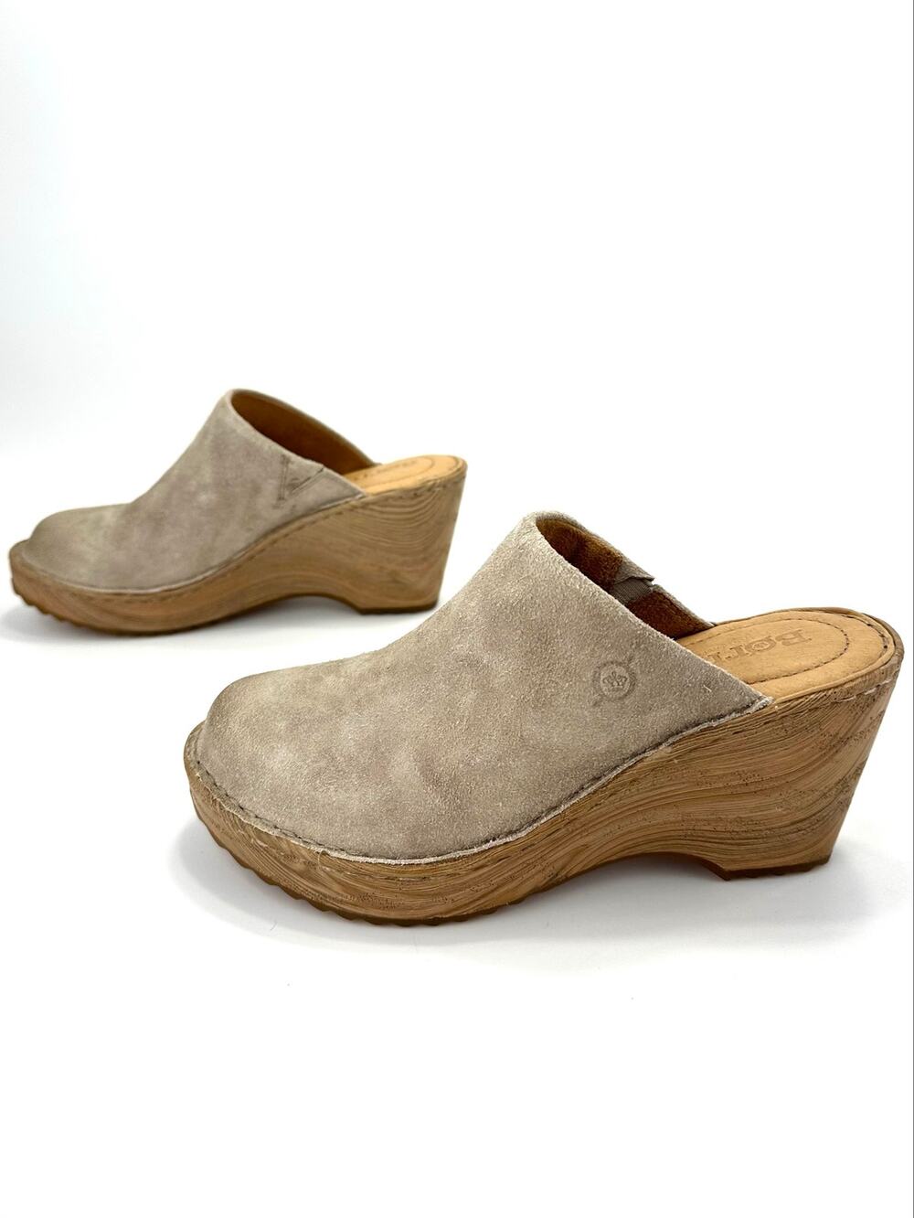 Born Natalie Wedge Clog Mule Sz 6 Tan Suede Slip-On Comfort Cushioned Closed-Toe